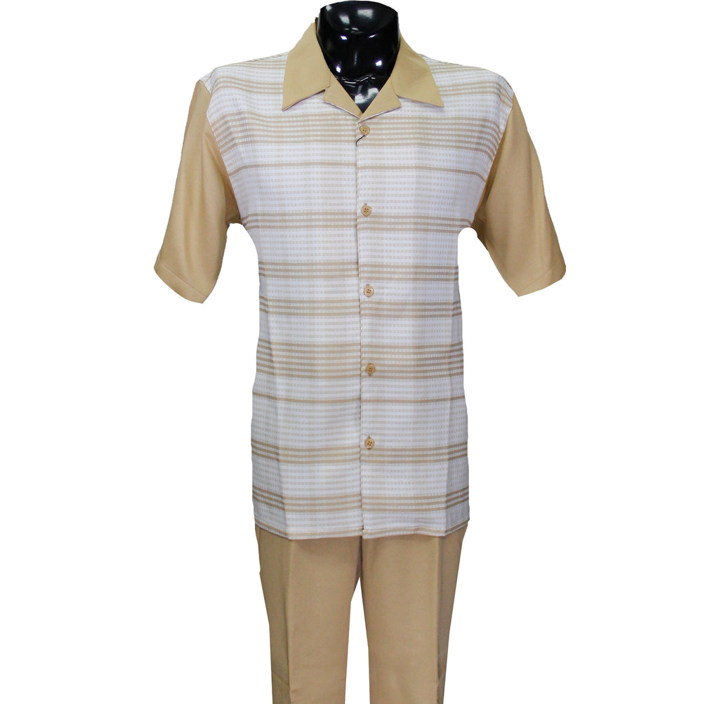 Beige Stripe Solid Short Sleeve Pants Set