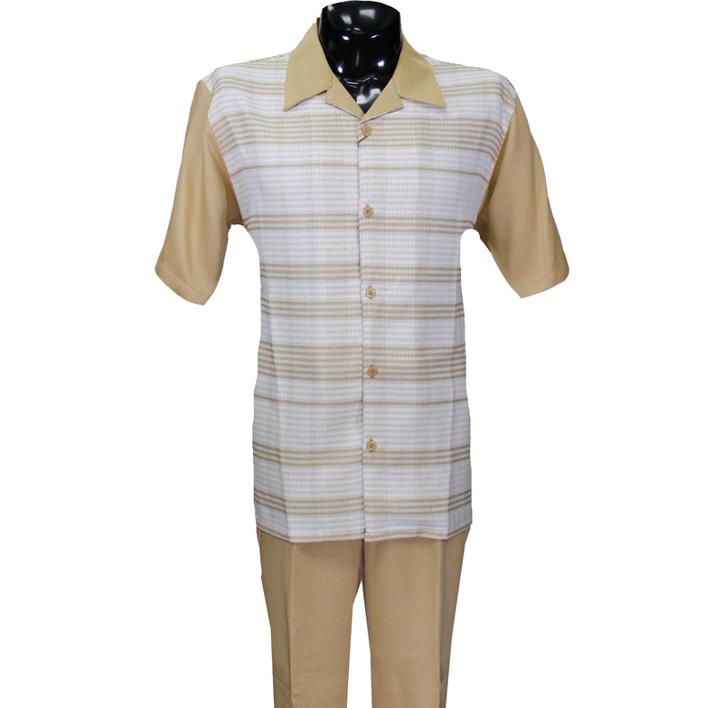 Beige Stripe Solid Short Sleeve Pants Set