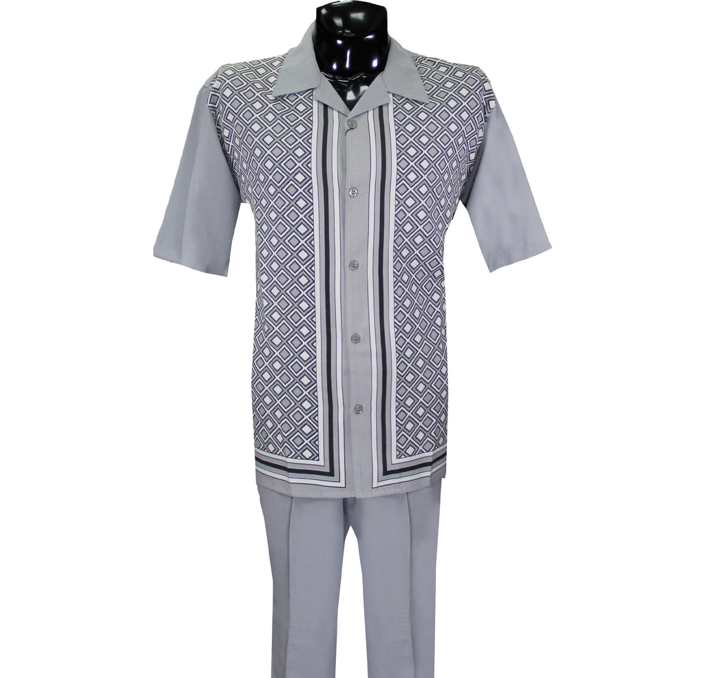 Grey Diamond Short Sleeve Set with Solid Pants