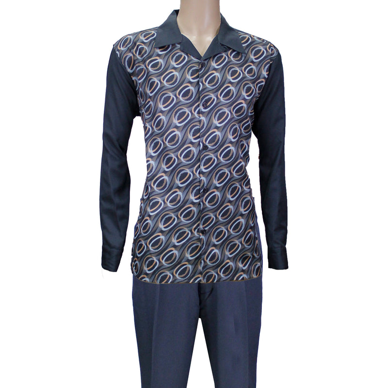 Charcoal Oval Swirl Montique Long Sleeve Set with Solid Pants