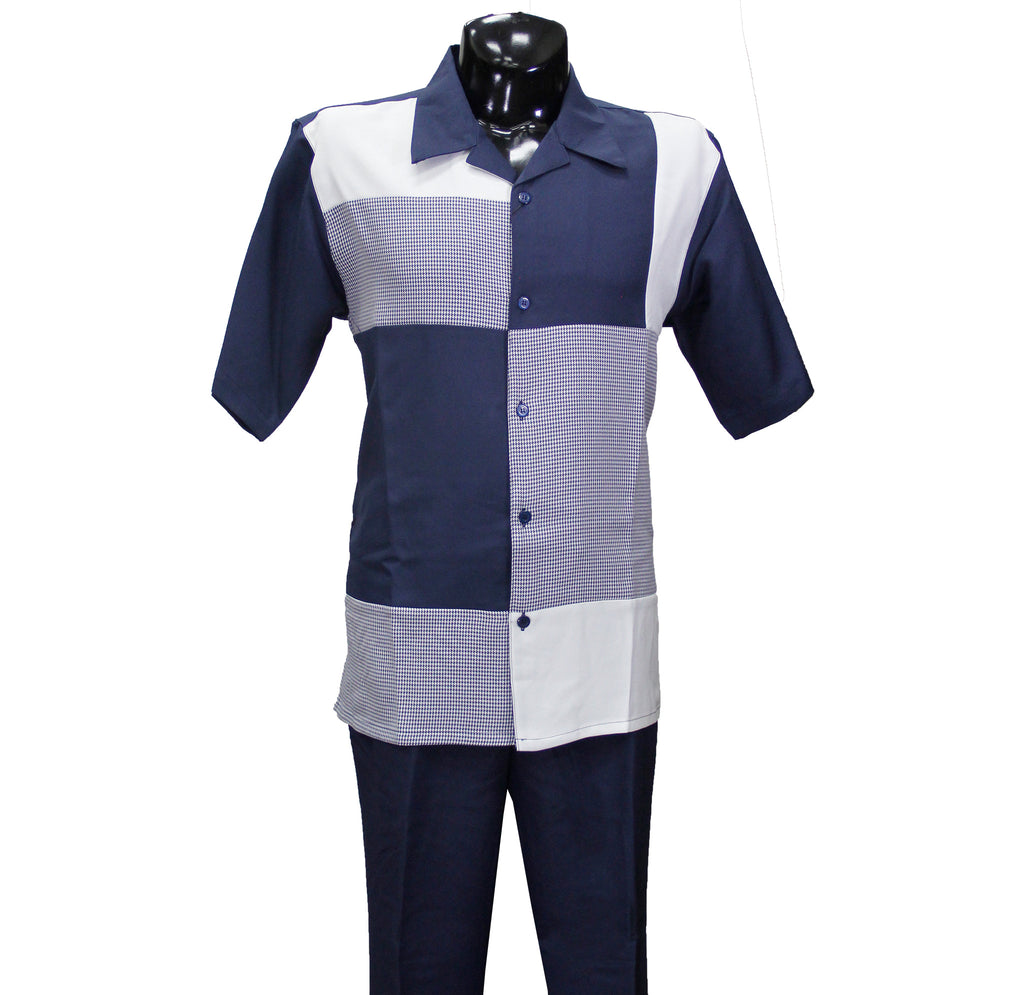 Navy Square Short Sleeve Set with Solid Pants